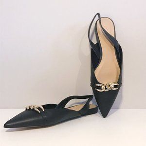 H&M Black Pointed Toe Slingback Flats with Gold Chain Detail